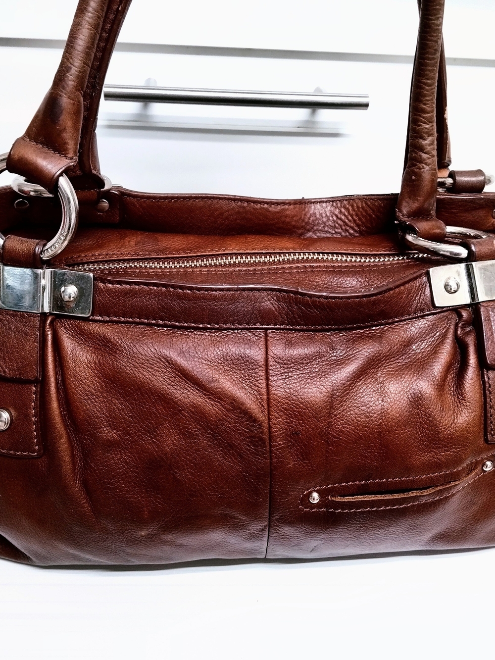 Women's Brown Leather Shoulder Bag with Polished Hardware